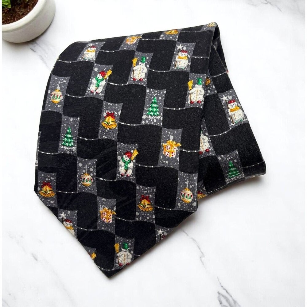 Zylos Christmas Silk Neck Tie George Machado Black Festive Snowman Bells Trees